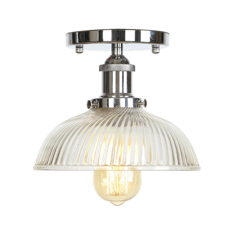 Single Clear/Clear Ribbed Glass Flushmount Farmhouse Chrome Bell/Pear Shaped Corridor Semi Flush Mount Ceiling Light