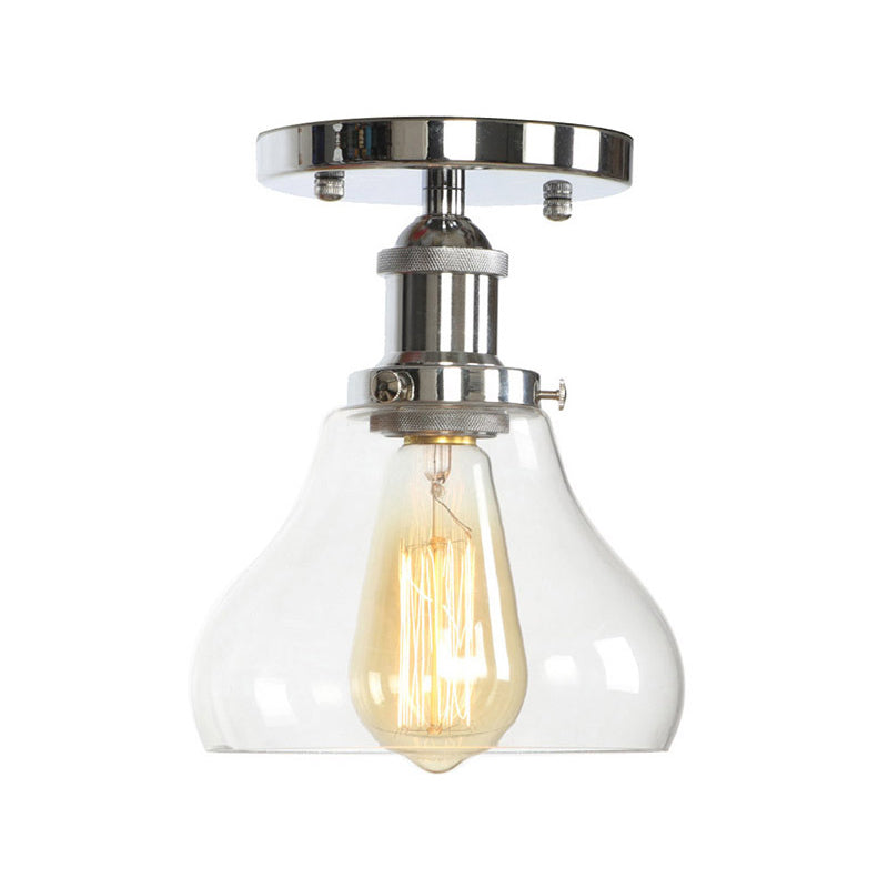 Single Clear/Clear Ribbed Glass Flushmount Farmhouse Chrome Bell/Pear Shaped Corridor Semi Flush Mount Ceiling Light