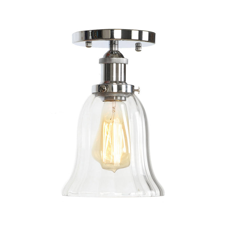 Single Clear/Clear Ribbed Glass Flushmount Farmhouse Chrome Bell/Pear Shaped Corridor Semi Flush Mount Ceiling Light