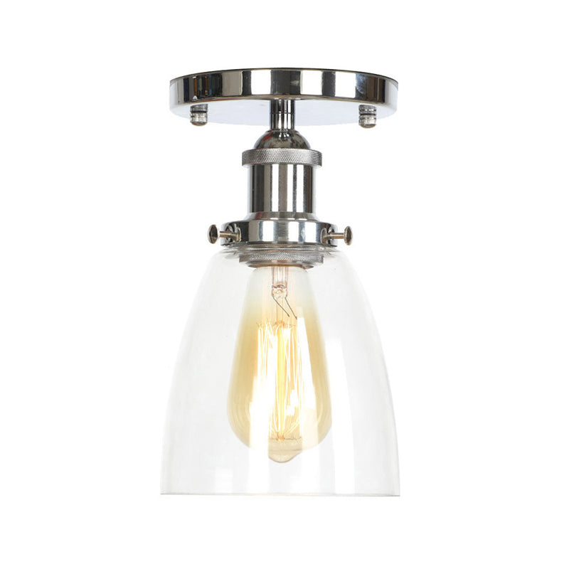 Single Clear/Clear Ribbed Glass Flushmount Farmhouse Chrome Bell/Pear Shaped Corridor Semi Flush Mount Ceiling Light