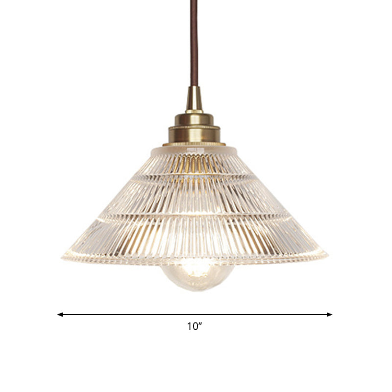 Cone Clear Ribbed Glass Pendulum Light Minimalist 1-Light Dining Table Suspension Lamp in Brass