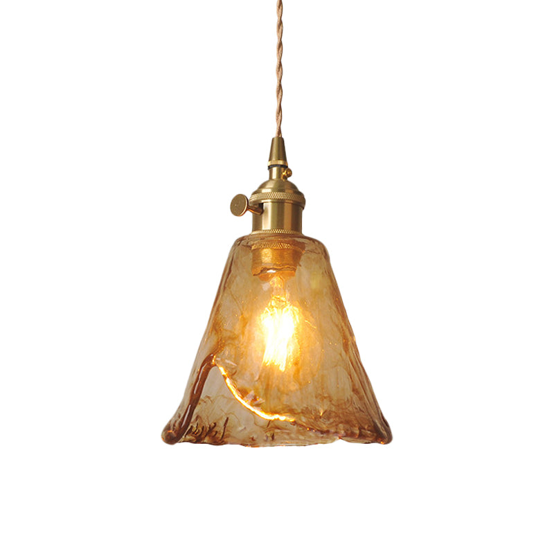 Single-Bulb Hanging Pendant Farmhouse Cone/Cube Coffee Cloud Glass Suspension Lighting in Brass