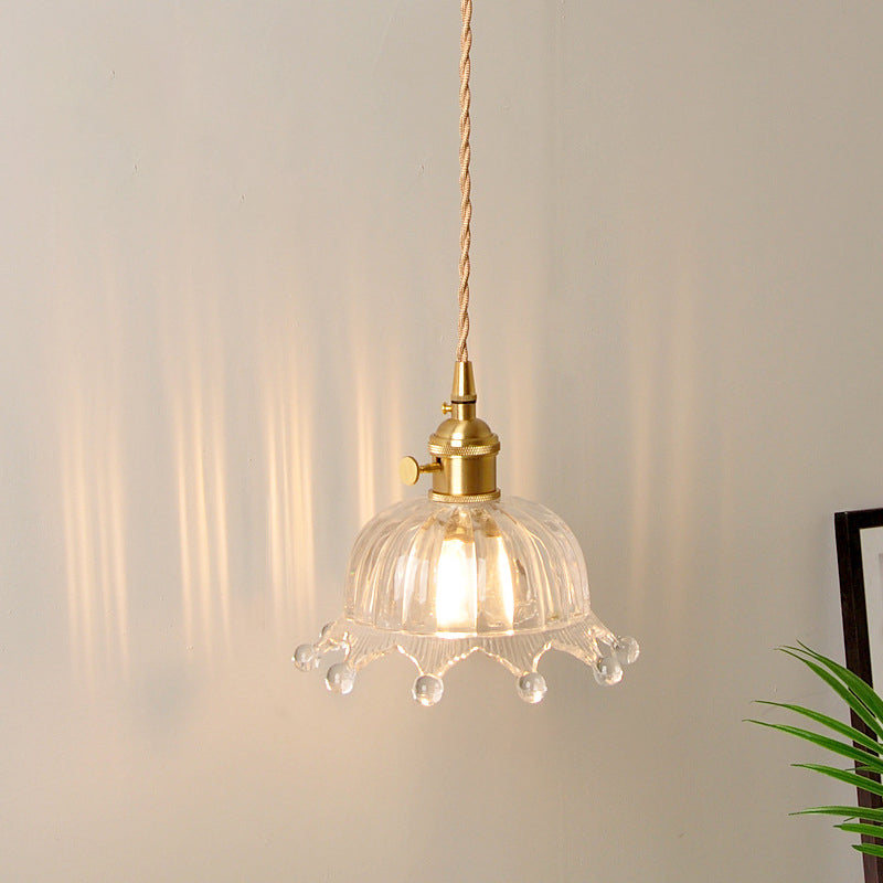 Clear Carved Glass Crown Pendulum Light Countryside 1 Bulb Kids Bedroom Pendant Lamp in Brass