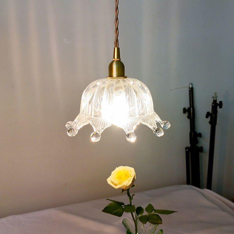 Clear Carved Glass Crown Pendulum Light Countryside 1 Bulb Kids Bedroom Pendant Lamp in Brass