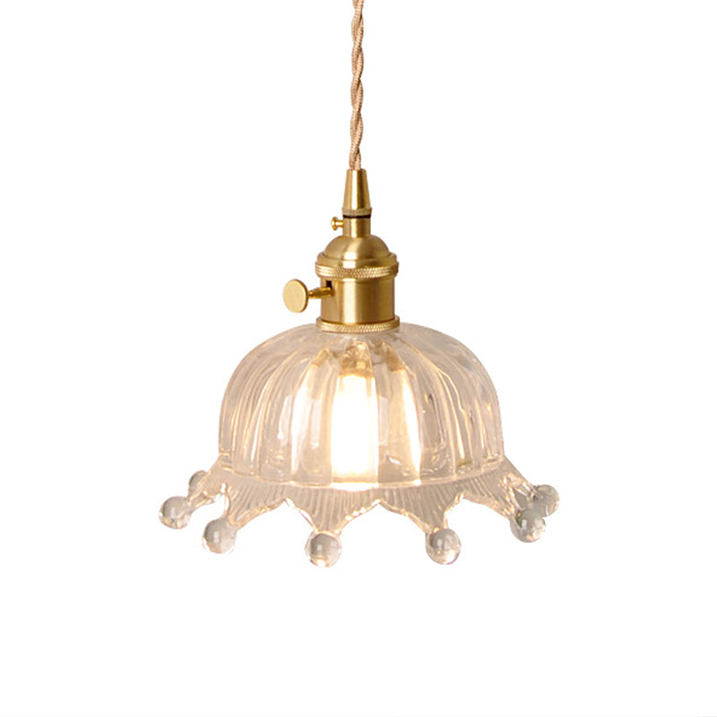 Clear Carved Glass Crown Pendulum Light Countryside 1 Bulb Kids Bedroom Pendant Lamp in Brass