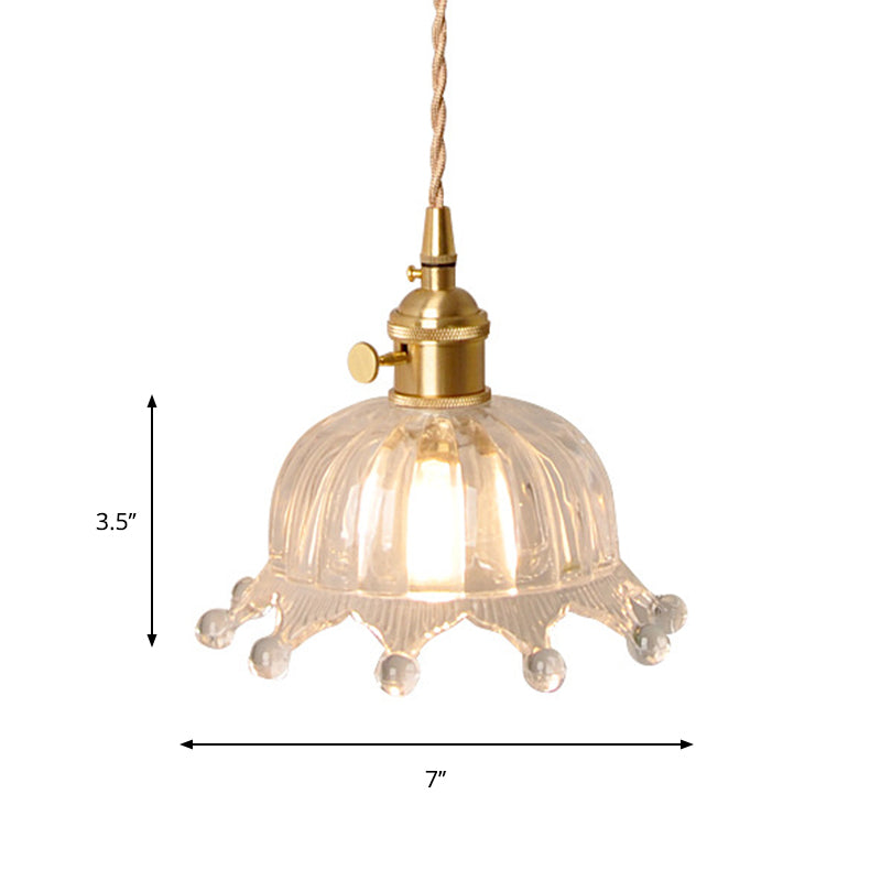 Clear Carved Glass Crown Pendulum Light Countryside 1 Bulb Kids Bedroom Pendant Lamp in Brass