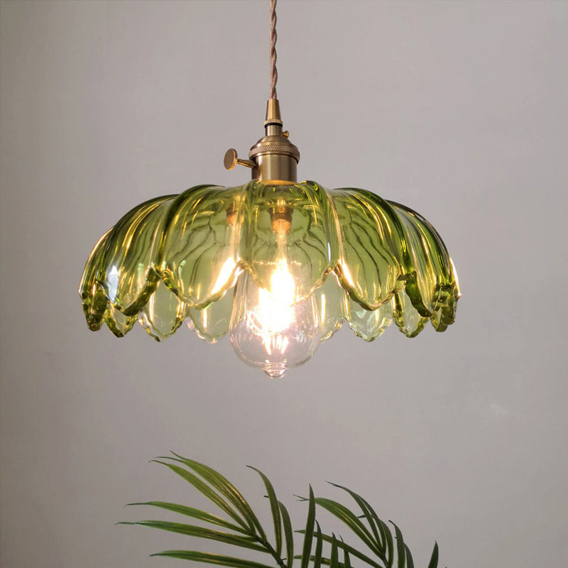 Green Glass Scalloped Shade Pendentif rétro 1 Bulbe Open Kitchen Hanging Plafond plafonnier en laiton