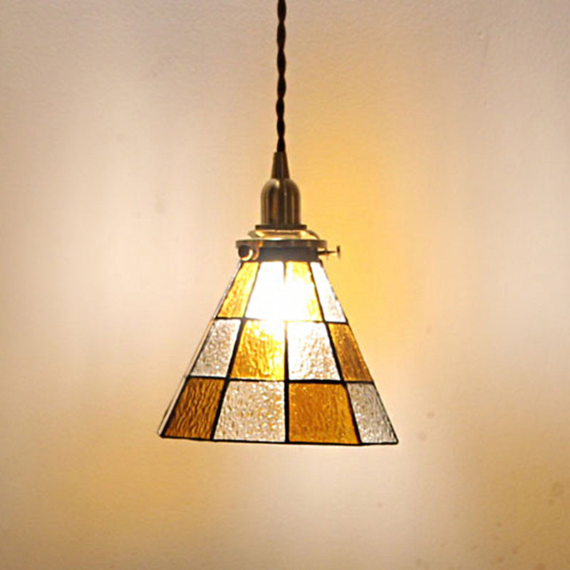 Coastal Checkered Cone-Shaped Pendant Lamp 1 Head Clear and Brown Mosaic Glass Hanging Ceiling Light in Brass