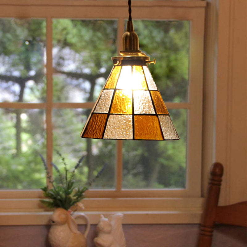 Coastal Checkered Cone-Shaped Pendant Lamp 1 Head Clear and Brown Mosaic Glass Hanging Ceiling Light in Brass