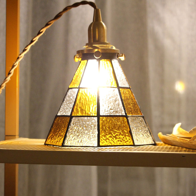 Coastal Checkered Cone-Shaped Pendant Lamp 1 Head Clear and Brown Mosaic Glass Hanging Ceiling Light in Brass