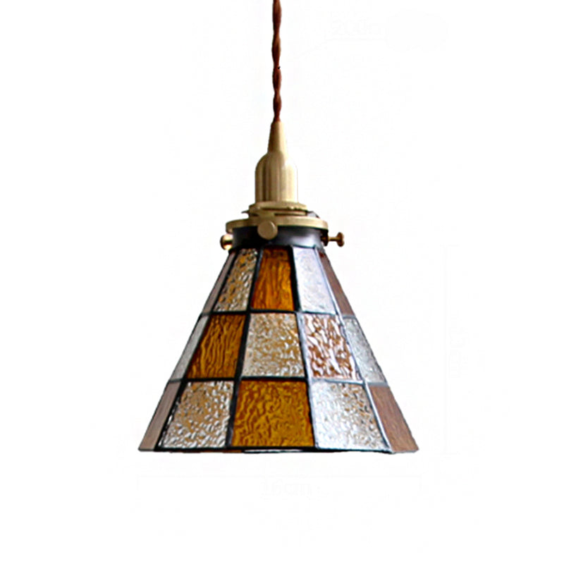 Coastal Checkered Cone-Shaped Pendant Lamp 1 Head Clear and Brown Mosaic Glass Hanging Ceiling Light in Brass