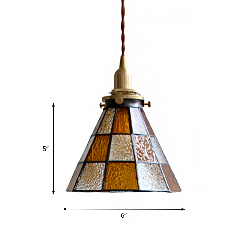 Coastal Checkered Cone-Shaped Pendant Lamp 1 Head Clear and Brown Mosaic Glass Hanging Ceiling Light in Brass