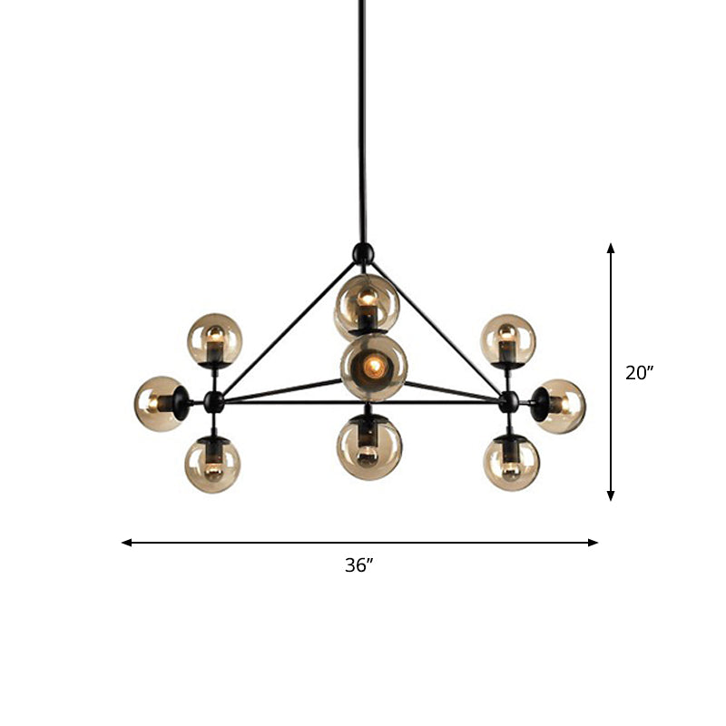 Schwarzer Pyramidenrahmen Kronleuchter Loft Style Metal 10/15-Licht Wohnzimmer Anhänger Licht mit Ball Braun Glass Schatten