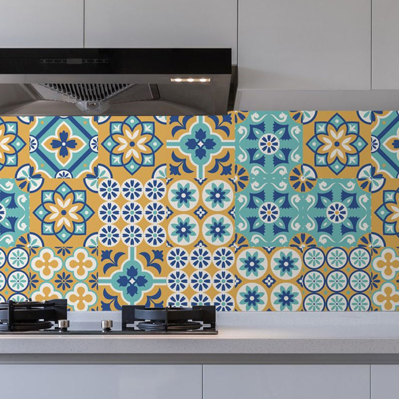 Bohemian Floral Tile Wallpaper Panel Blue Self Sticking Wall Art for Kitchen Backsplash