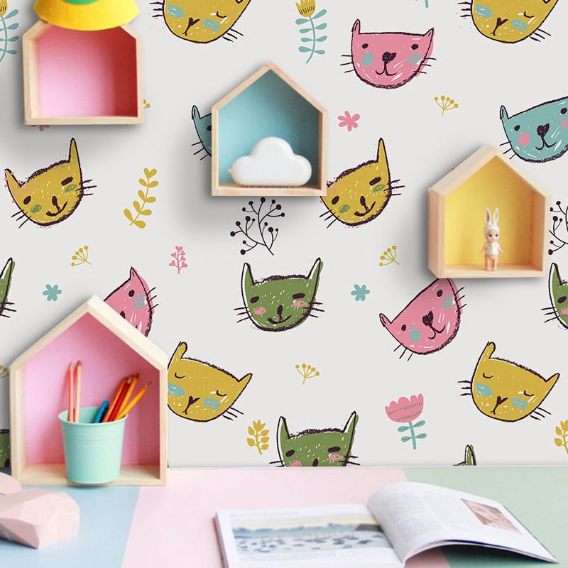 Novelty Cat Head Wallpaper Panels Cartoon PVC Wall Art in Yellow, Peel and Paste