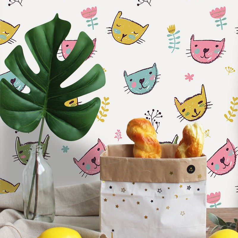 Novelty Cat Head Wallpaper Panels Cartoon PVC Wall Art in Yellow, Peel and Paste