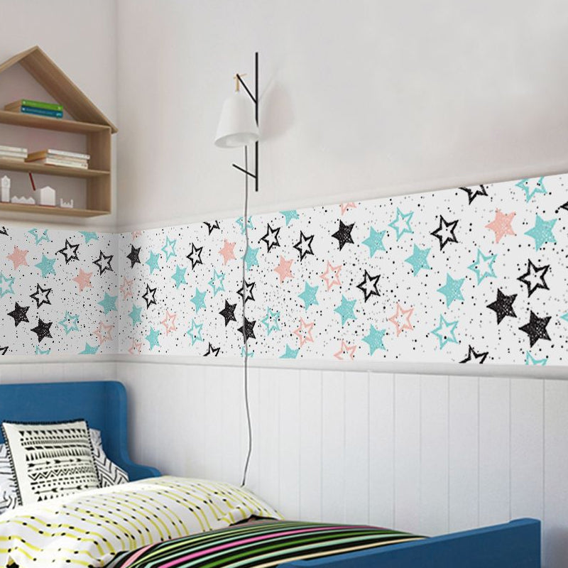 PVC Blue Wallpaper Panels Kids Star and Dot Print Self-Adhesive Wall Decor, 4' L x 20.5" W