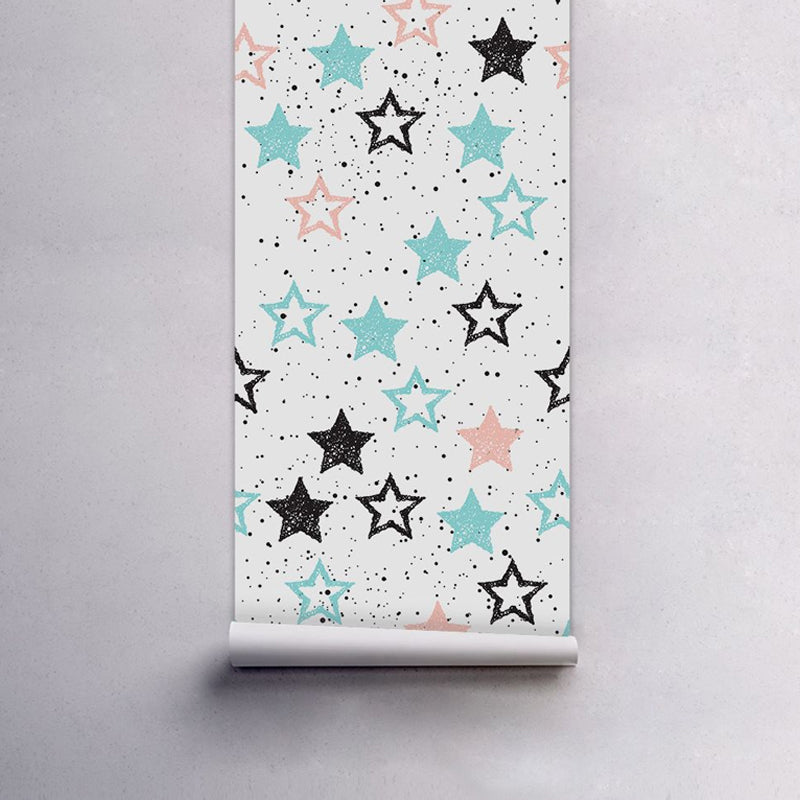 PVC Blue Wallpaper Panels Kids Star and Dot Print Self-Adhesive Wall Decor, 4' L x 20.5" W