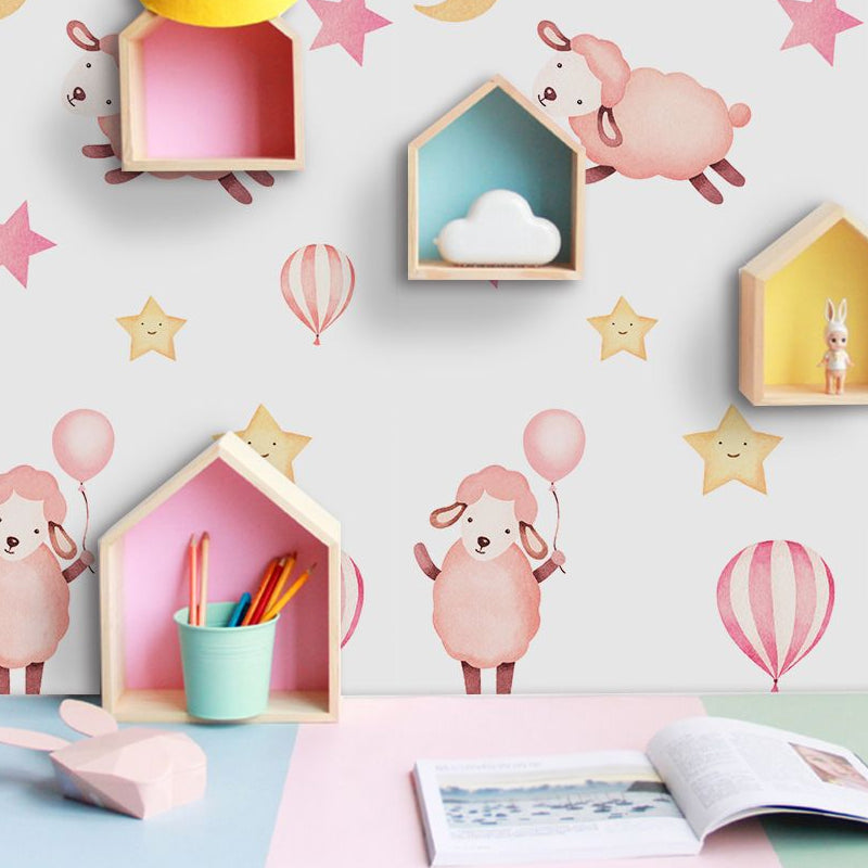 Pink Sheep Wallpaper Panel Set Animal Pattern Cartoon Peel off Wall Art for Baby Room