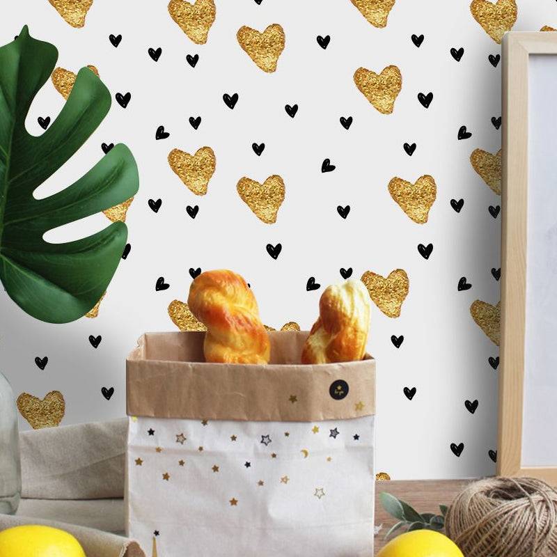 Loving Heart Wallpaper Panels Yellow and Black Kids Style Wall Decor for Playroom, Stick On