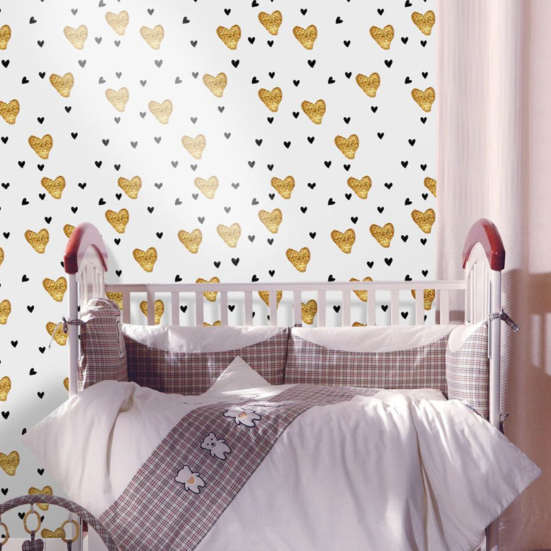 Loving Heart Wallpaper Panels Yellow and Black Kids Style Wall Decor for Playroom, Stick On