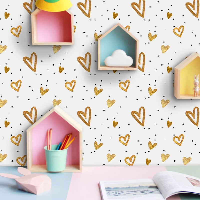 Yellow Heart Shapes Wallpaper Panels Peel and Paste Wall Decor for Childrens Bedroom