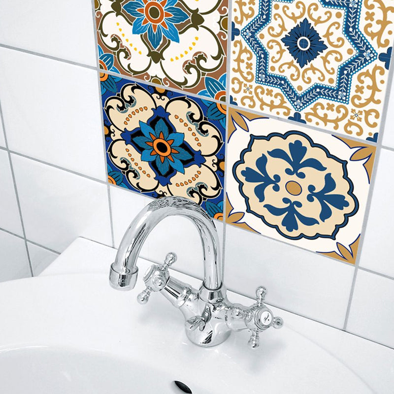 Blue Moroccan Wallpaper Panel Set 8' x 8" Flower Tiles Peel off Wall Decor for Kitchen