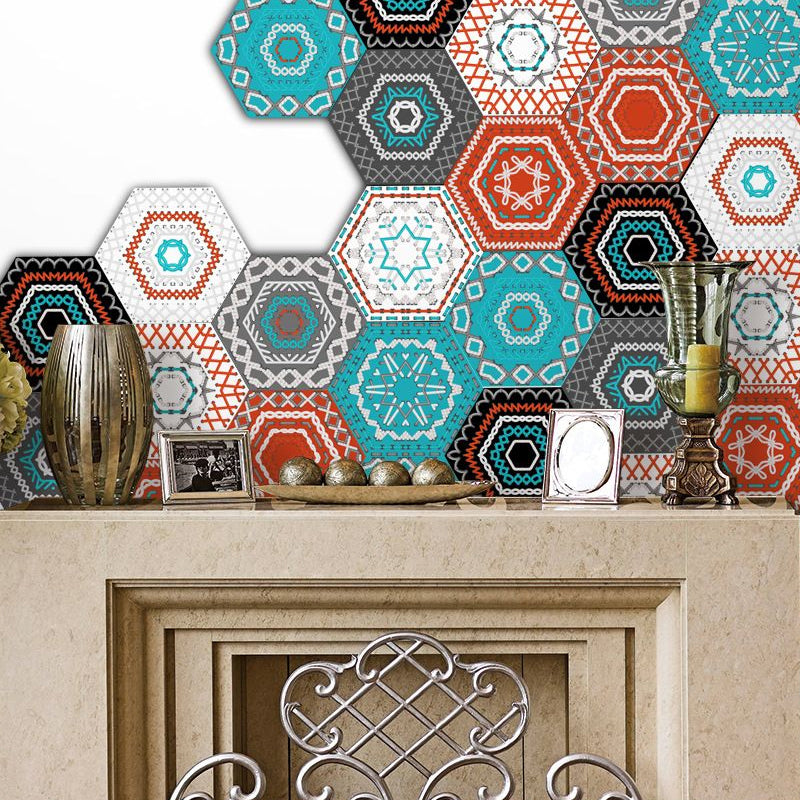 Red Hexagon Wallpaper Panel Set Tiles Bohemia Self-Stick Wall Covering for Bedroom