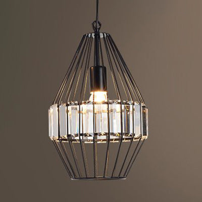 Crystal Block Pendant Ceiling Light Black Geometric Metal Cage Pendant Light