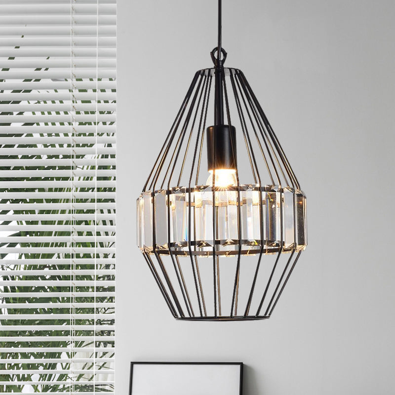 Crystal Block Pendant Ceiling Light Black Geometric Metal Cage Pendant Light