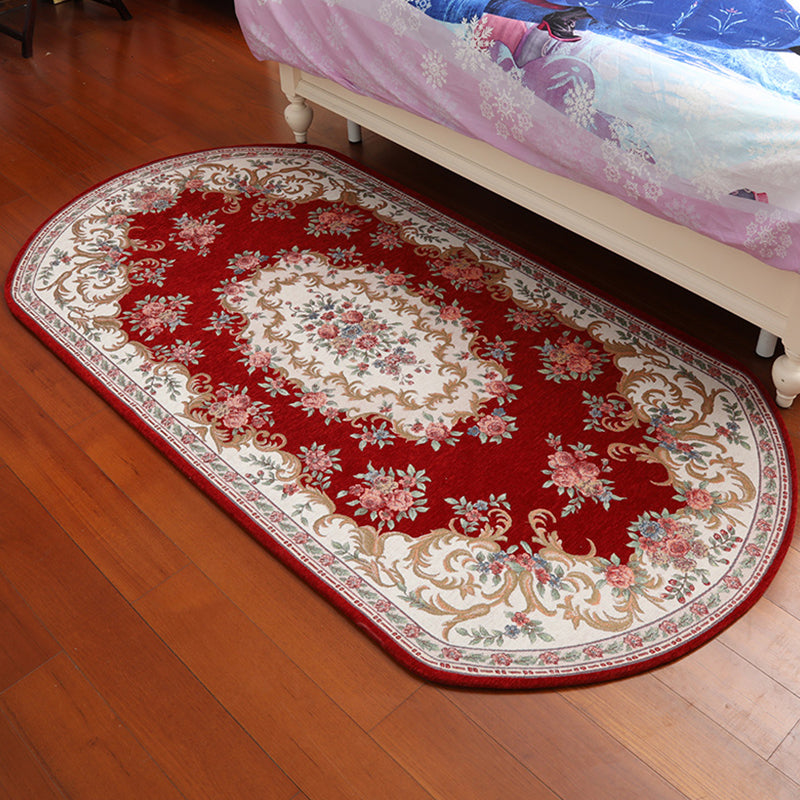 Retro Flower Pattern Rug Red and Black Polyester Indoor Rug Washable Non-Slip Backing Indoor Rug for Bedroom