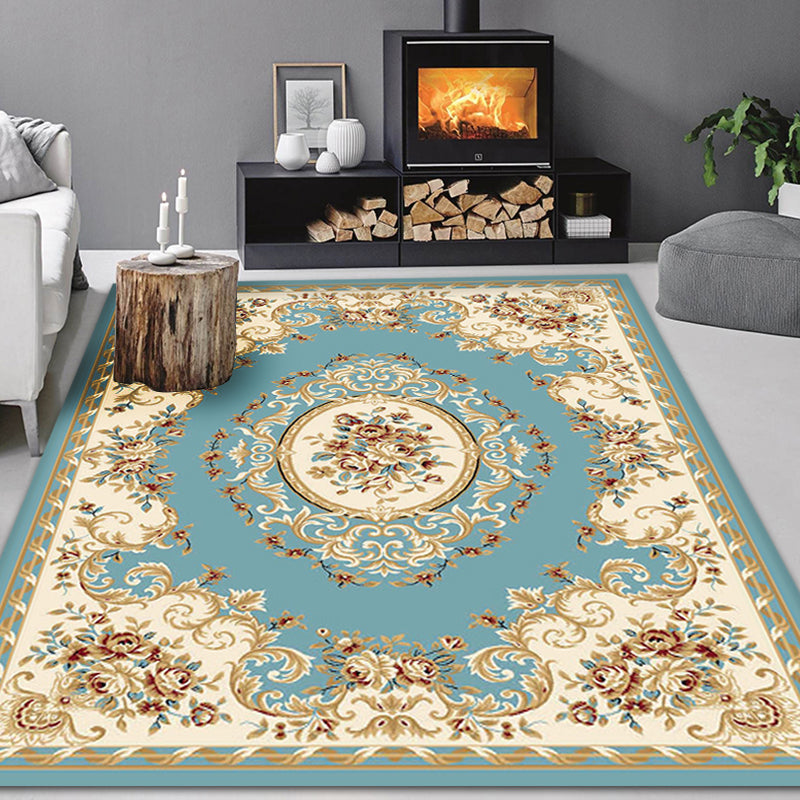 Blue and Beige Retro Rug Polyester Floral Pattern Area Rug Washable Pet Friendly Anti-Slip Backing Indoor Rug for Sitting Room
