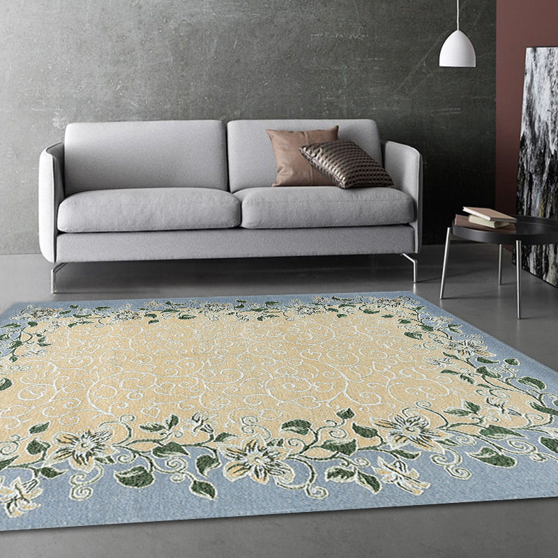 Blue Sitting Room Rug Vintage Leaf Pattern Indoor Rug Polyester Pet Friendly Washable Non-Slip Backing Carpet