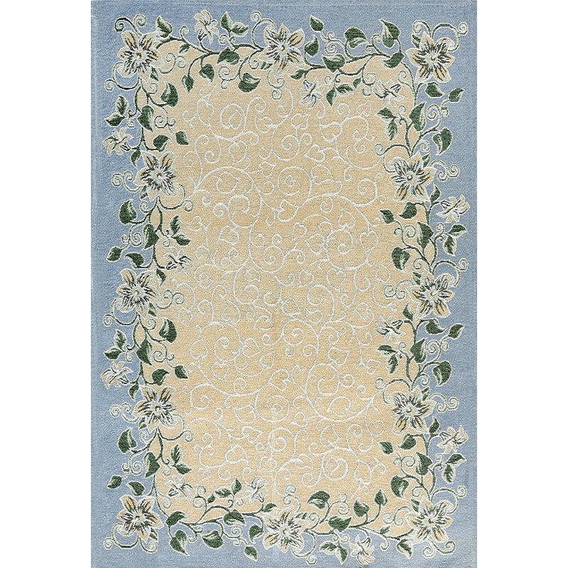 Blue Sitting Room Rug Vintage Leaf Pattern Indoor Rug Polyester Pet Friendly Washable Non-Slip Backing Carpet