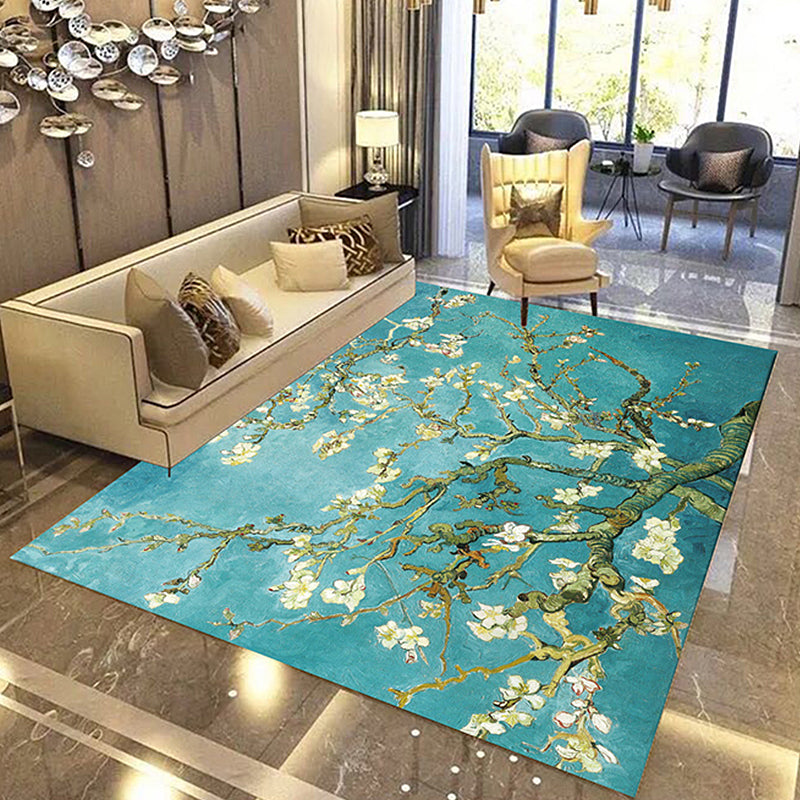 Colorful Floral Pattern Rug Multicolor Retro Indoor Rug Polyester Machine Washable Non-Slip Backing Carpet for Sitting Room