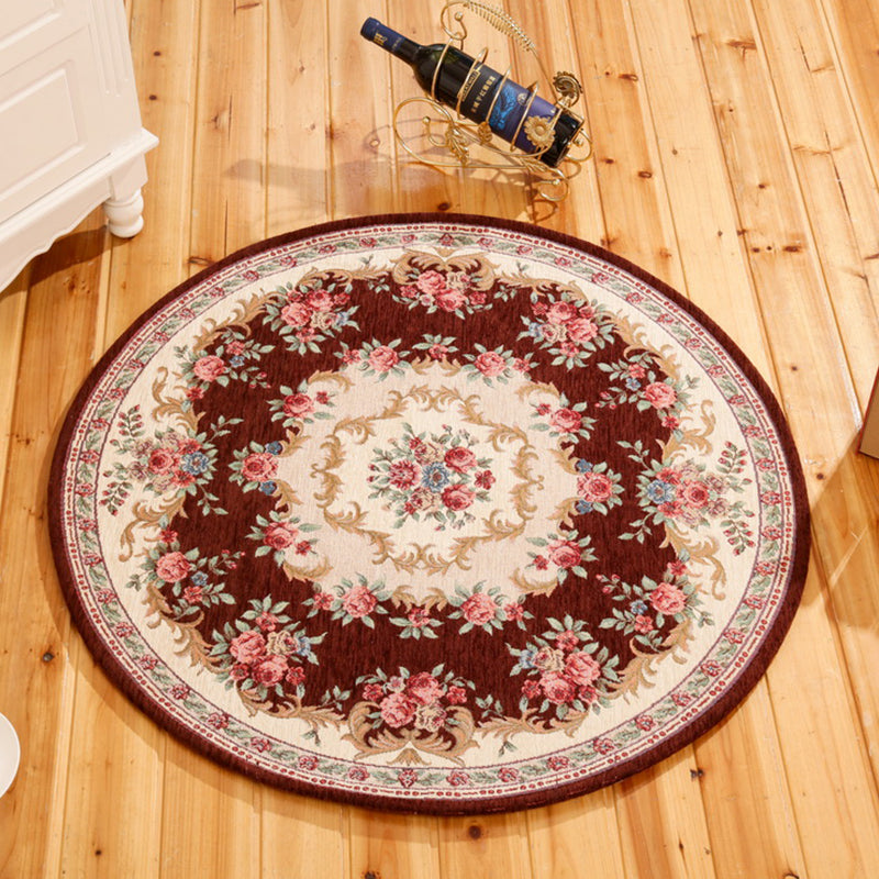 Red and Blue Vintage Rug Polyester Floral Pattern Rug Washable Pet Friendly Anti-Slip Backing Indoor Rug for Study