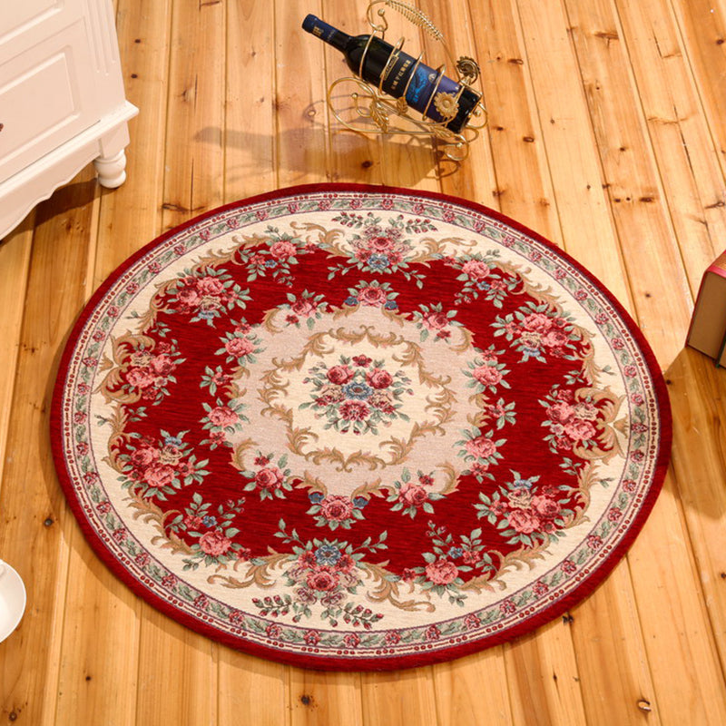 Red and Blue Vintage Rug Polyester Floral Pattern Rug Washable Pet Friendly Anti-Slip Backing Indoor Rug for Study