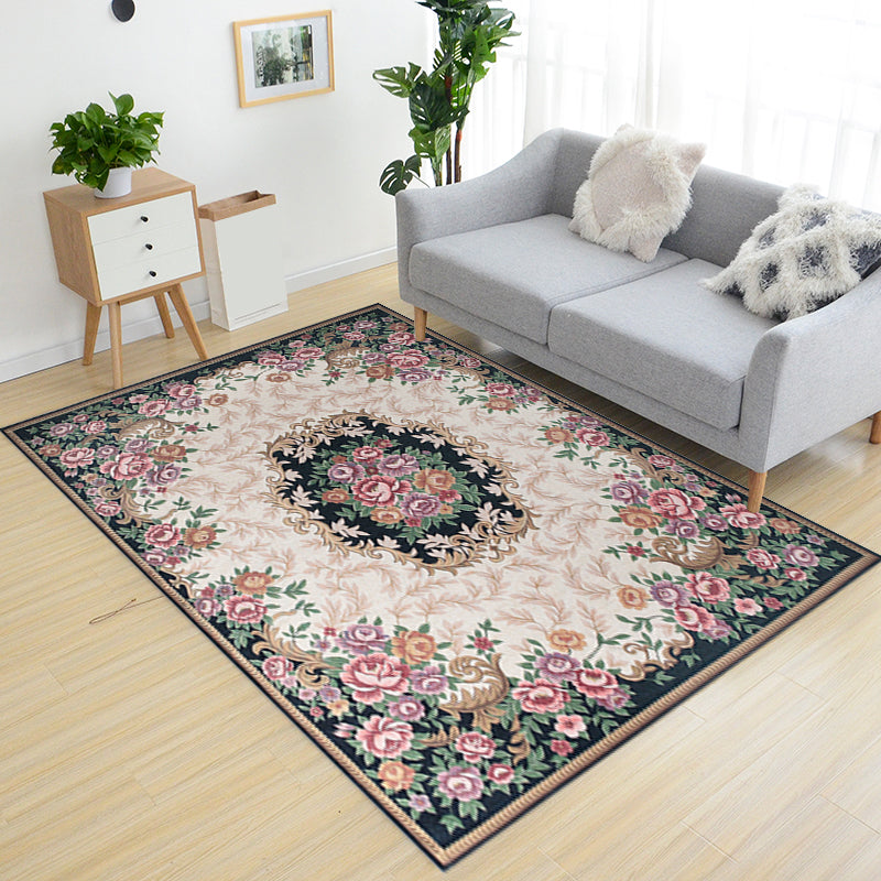 Luxurious Blossom Pattern Rug with Leaf Multicolor Vintage Carpet Polyester Washable Pet Friendly Anti-Slip Area Rug for Parlour