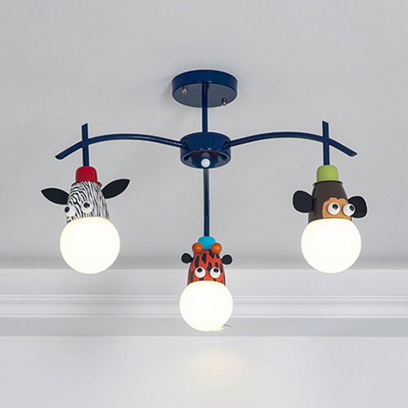 Kids Blue foncé semi Flushmount Light Animal Metal Plafond Light pour la salle de bain foyer