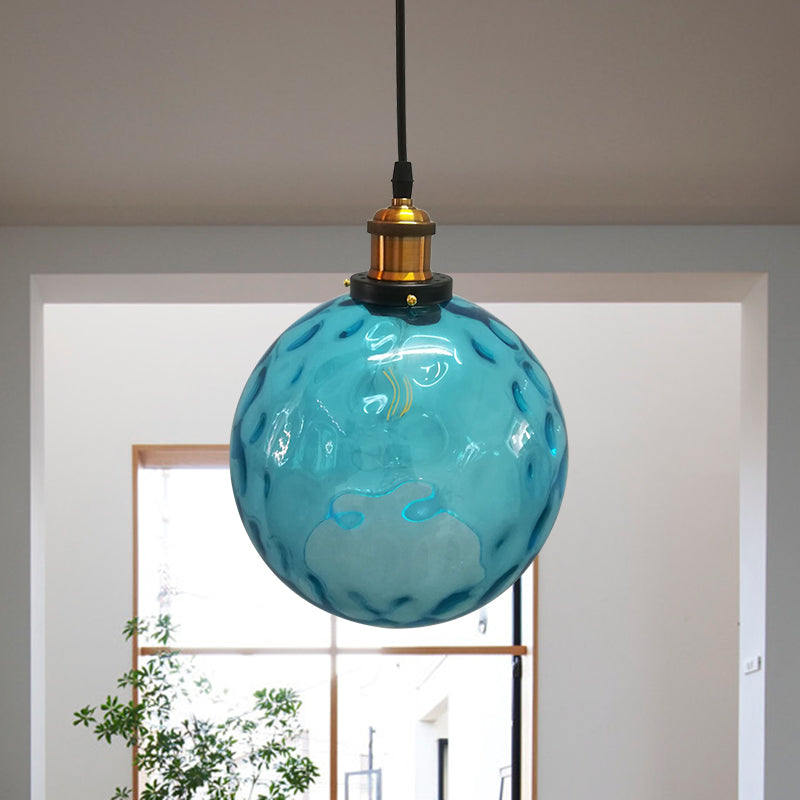 Globe Pendant Light Industrial 1 Light 8"/10"/12" Wide Dimpled Glass Hanging Lamp in Blue