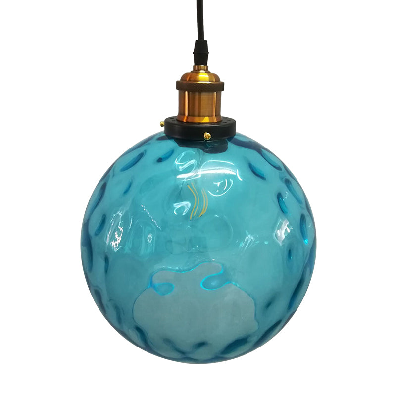 Globe Pendant Light Industrial 1 Light 8"/10"/12" Wide Dimpled Glass Hanging Lamp in Blue