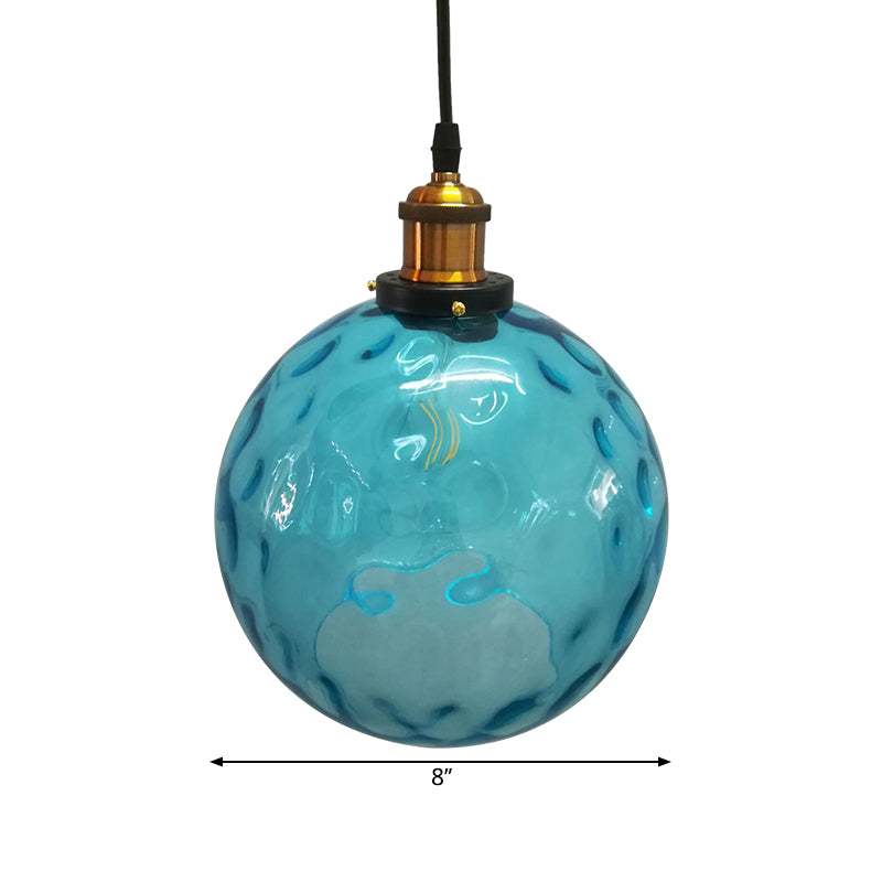 Globe Pendant Light Industrial 1 Light 8"/10"/12" Wide Dimpled Glass Hanging Lamp in Blue