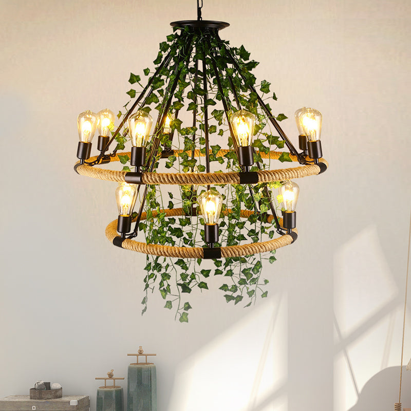 Manila Rope Green Chandelier Lamp Circle 6/8/14 Heads Antique Suspension Lighting Fixture with Vine Deco