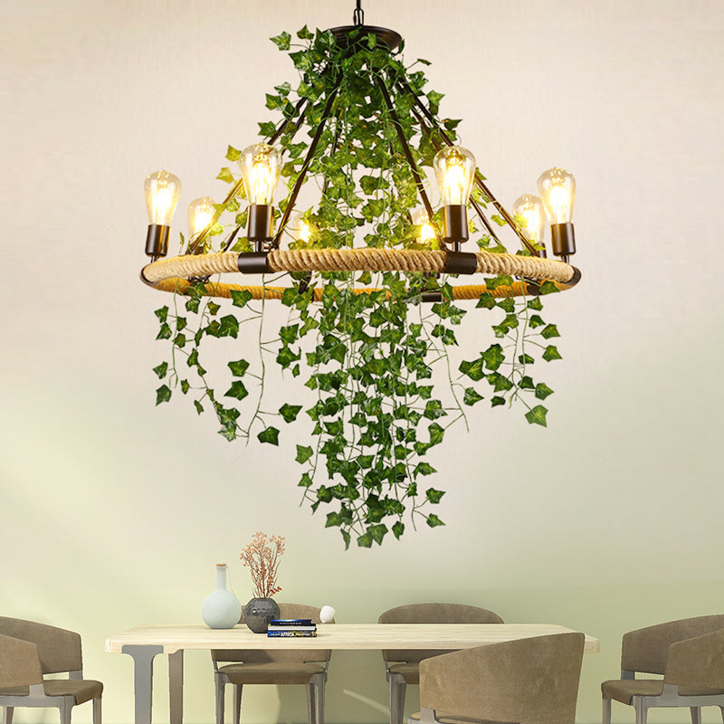 Manila Rope Green Chandelier Lamp Circle 6/8/14 Heads Antique Suspension Lighting Fixture with Vine Deco