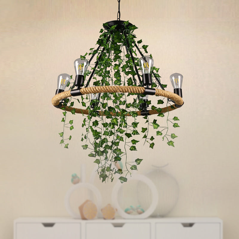 Manila Rope Green Chandelier Lamp Circle 6/8/14 Heads Antique Suspension Lighting Fixture with Vine Deco