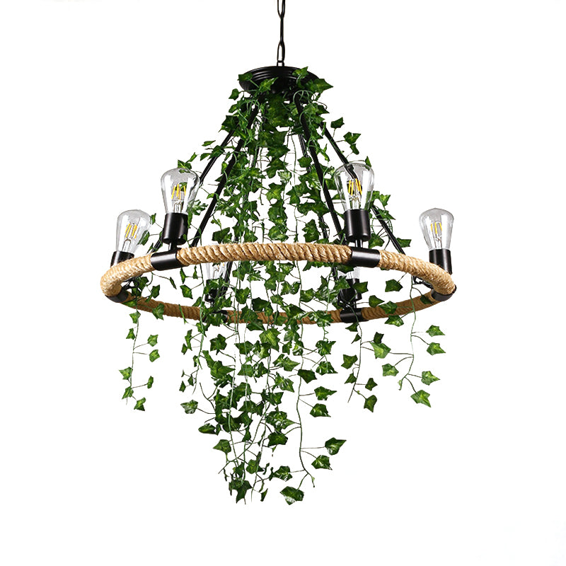 Manila Rope Green Chandelier Lamp Circle 6/8/14 Heads Antique Suspension Lighting Fixture with Vine Deco