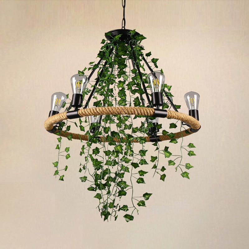 Manila Rope Green Chandelier Lamp Circle 6/8/14 Heads Antique Suspension Lighting Fixture with Vine Deco