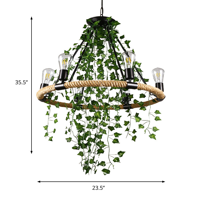 Manila Rope Green Chandelier Lamp Circle 6/8/14 Heads Antique Suspension Lighting Fixture with Vine Deco