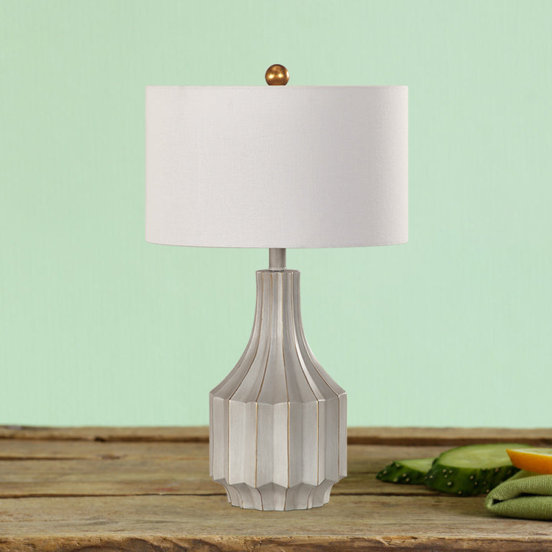 1-Light Drum Table Lamp Countryside White/Beige Fabric Reading Book Lighting with Ridged Vase Base