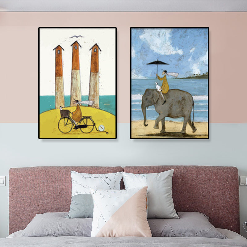 Kids Illustration Sightseeing Canvas Print Soft Color Textured Wall Art, Set of 2